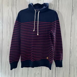 Brooks Brothers Mens Striped Cotton Pull Over Hooded Sweater Medium Navy Red